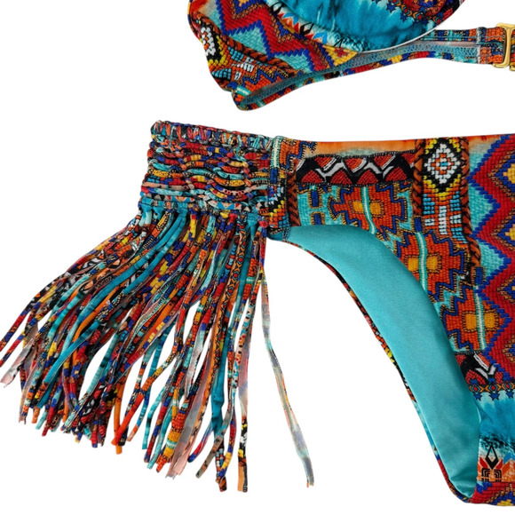 Luli Fama Wild And Free Bikini Set Size L Fringe Bottoms Cheeky Push Up Halter - Picture 3 of 10